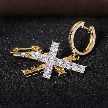 Trendy Women Dainty Gold Plated CZ Stone Diamond Cross Hoop Earrings
